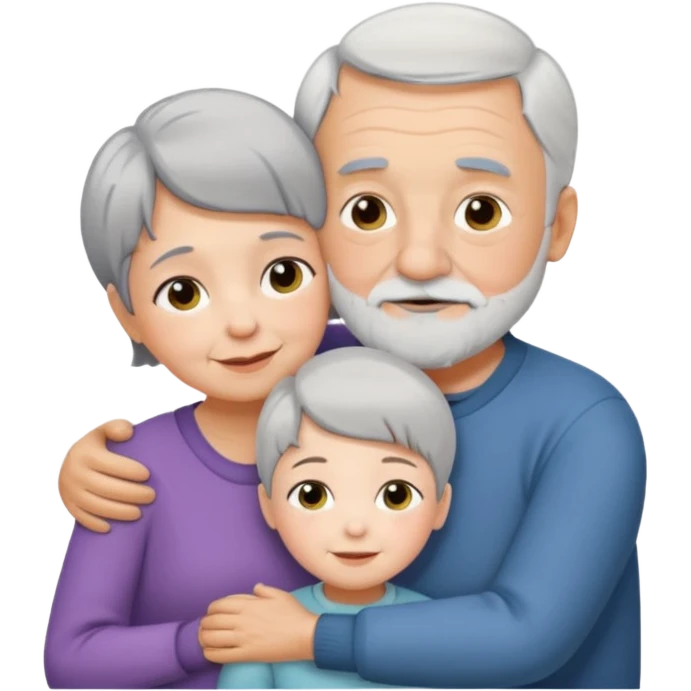A small grandma with short grey hair, and thin grandpa with a short white beard hugging a white daughter emoji