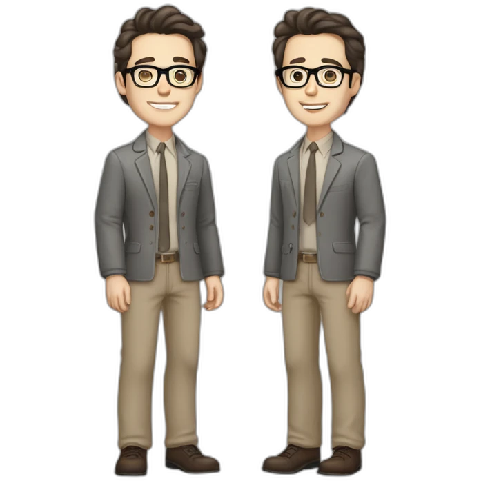 Full height Pale skinned Fit Man With dark brown hair in gray classic jacket, beige office shirt, Brown pants and vintage glasses. Thrumbs of his palms upwards emoji