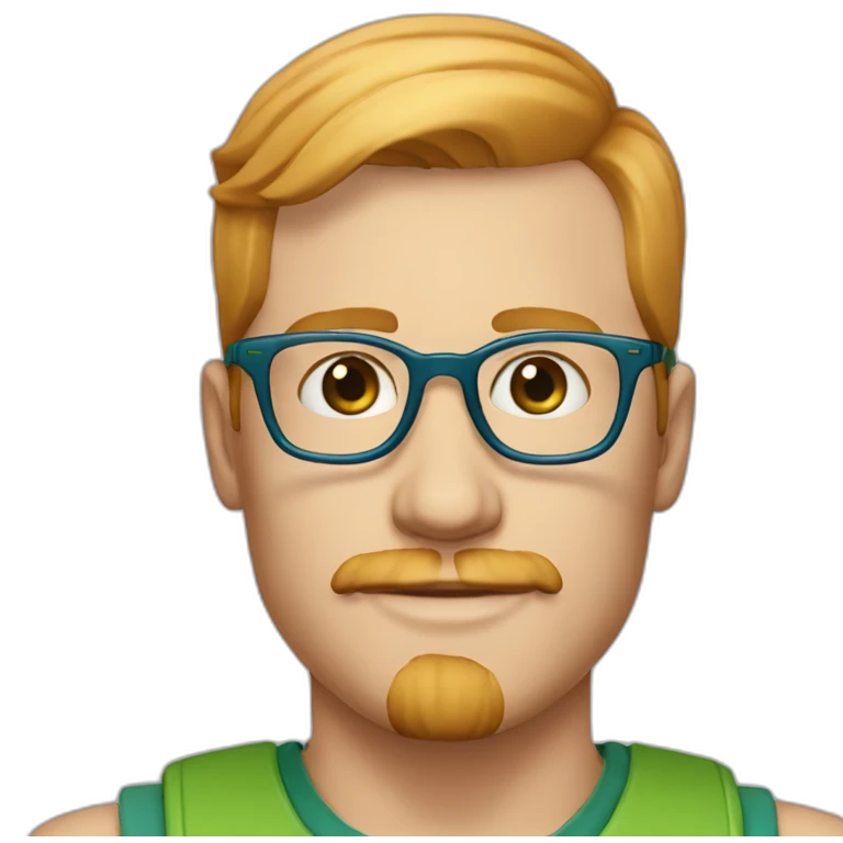 35 year old man with strawberry blond hair, clean shaved chin with moustache, blue eyes and round green glasses emoji