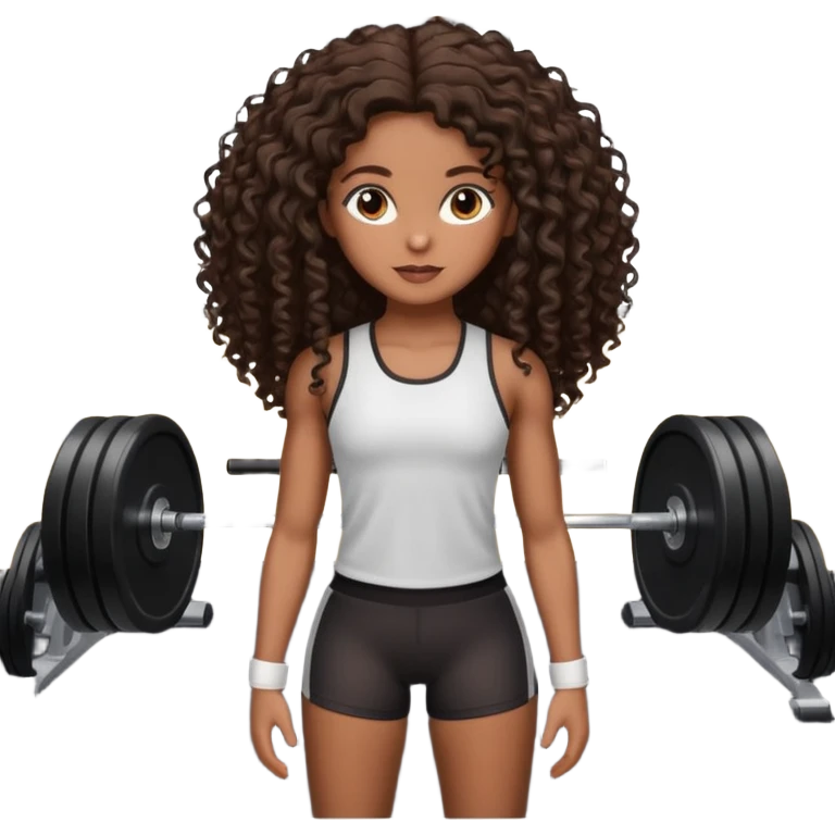 Uma boneca morena escura com olhos castanhos e cabelo cacheado longo até o peito, treinando Gym emoji