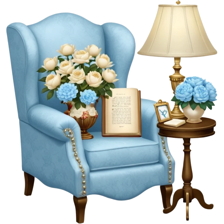 A cozy vintage-inspired reading nook, with an overstuffed ivory armchair, a golden reading lamp, and a bouquet of soft blue roses, white peonies, and dahlias resting on a small lace-covered side table, as a pearl butterfly gently rests on the open book.  emoji
