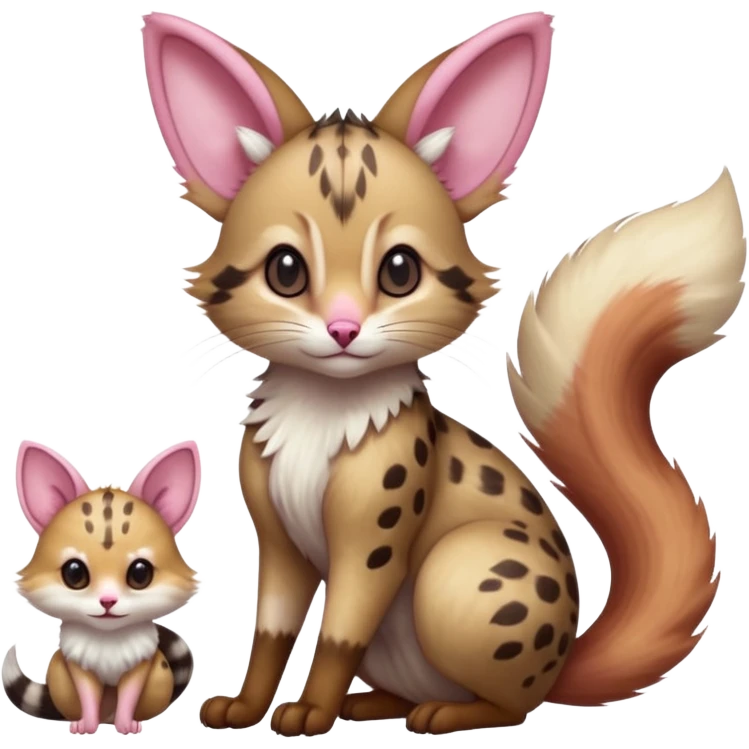 Hyper realistic  beautiful elegant pretty precious cute  Fakémon-Pokémon-opossum-feline-serval-caracal-chinchilla-Furret-Minccino-hybrid-creature with a big fluffy bushy tail (full body) emoji