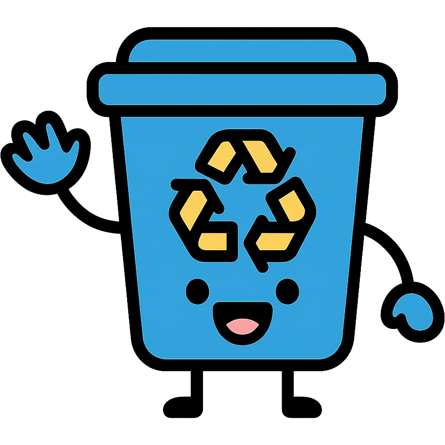 blue recycling bin with a big smile, waving hand emoji