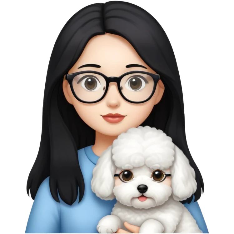 Girl with long black hair and glasses holding a white Bichon Frise dog emoji