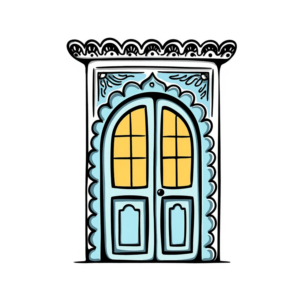 doodle of a Tunisian door with ornate patterns, blue and yellow, hand-drawn style emoji
