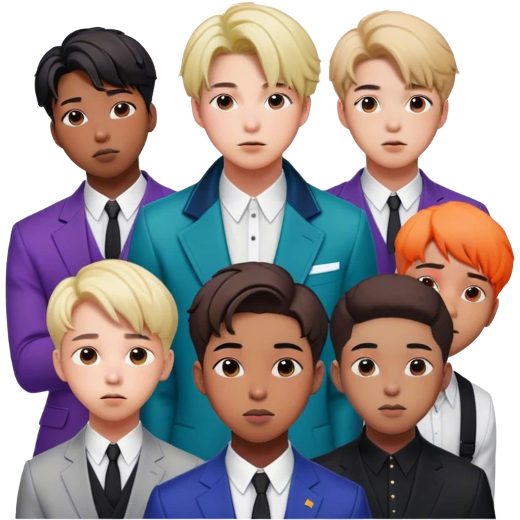 Cinematic Realistic group portrait of BTS featuring all 7 members in stylish modern attire, with detailed facial expressions and vibrant colors, captured in dynamic, contemporary lighting that emphasizes their global pop icon status emoji
