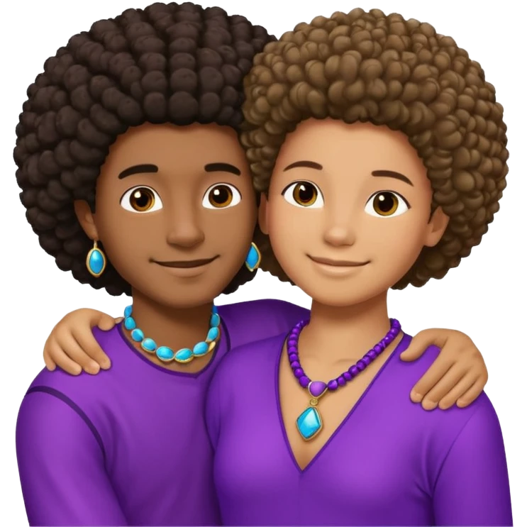 Tan male with short straight, light wavy hair, smiling and hugging a darkblack African  girl with Afro in purple clothes with blue jewelry emoji