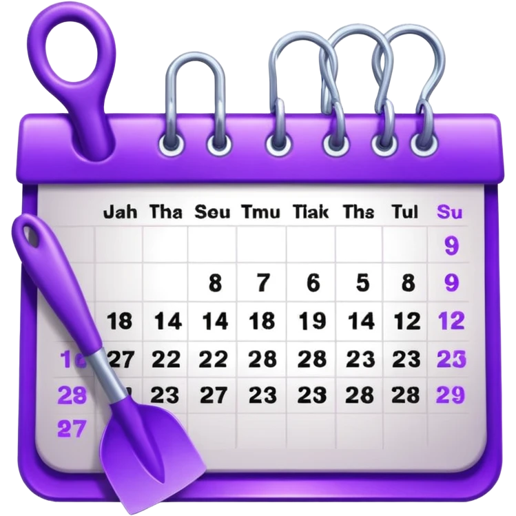 calendar icon with violet garden tools near. Transparent background emoji