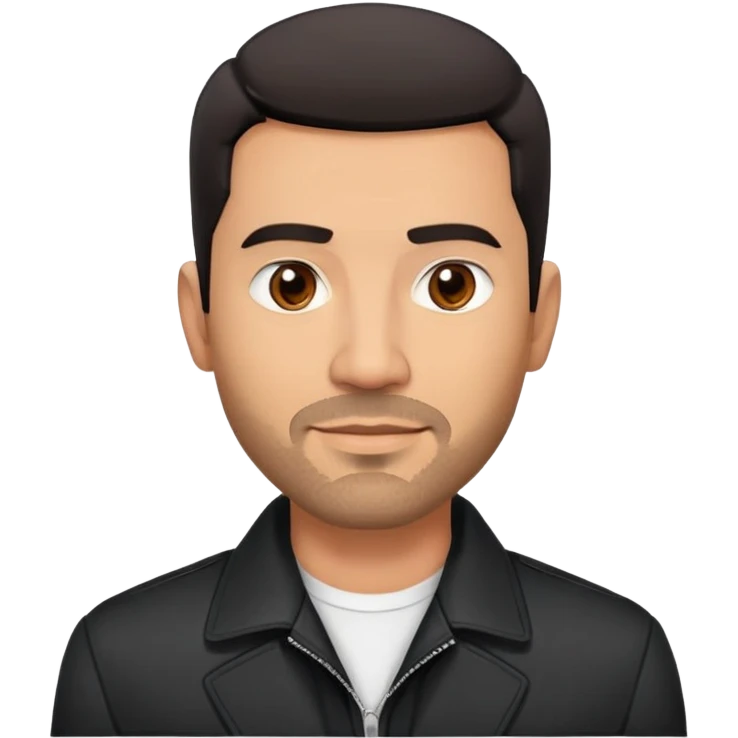 Attractive Hispanic TV host in his mid to late 40s with light brown skin, short straight black hair with pronounced fade haircut, stubble/scruff facial hair instead of full beard, square handsome face with strong jawline, friendly expression, wearing open black jacket with white buttoned shirt emoji