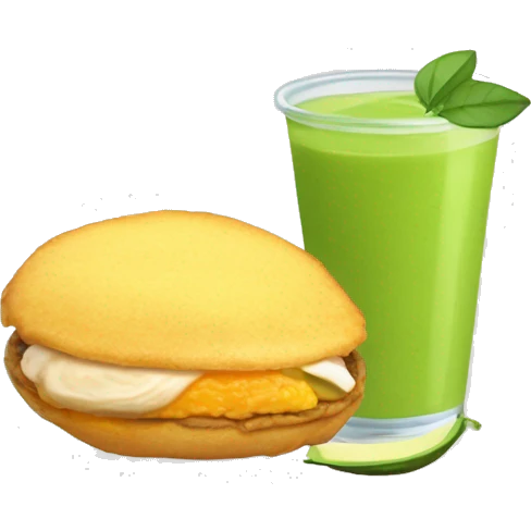 Arepa rellena de una mezcla de pollo desmechado con aguacate con un vaso de vidrio con jugo de naranja emoji