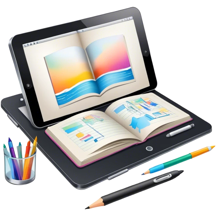 Colourfull Illustration icon, pencil, paintbrush, gel pen, graphic tablet or monitor with digital illustration, open book with sketches, minimalistic style, clean lines, transparent background. emoji
