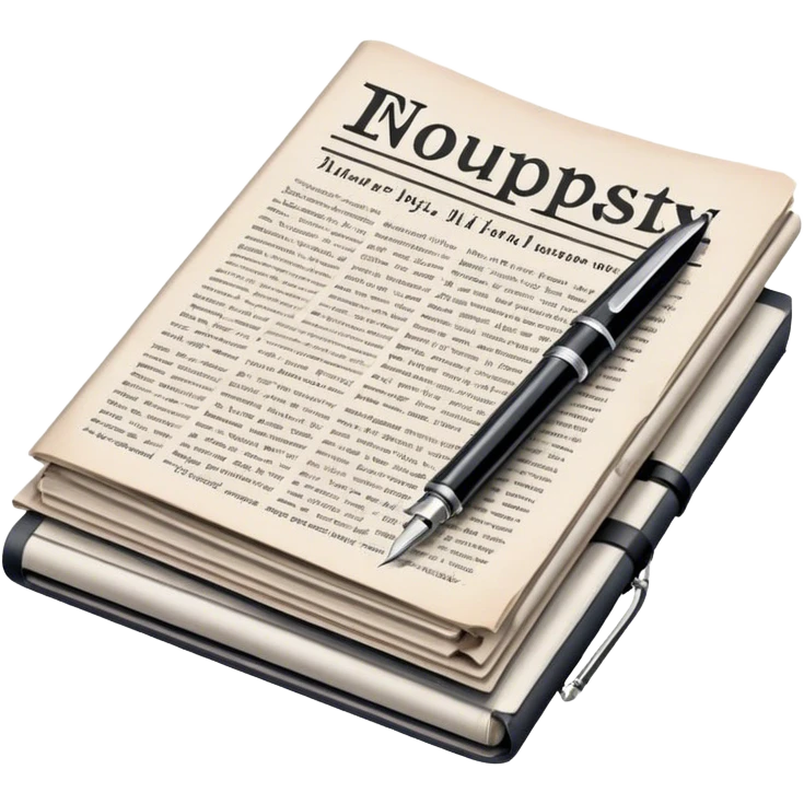 Create an emoji representing journalism and publicistic writing. The design should feature a stack of newspapers, an open notebook with visible text, and a single fountain pen placed near the notebook, symbolizing the act of writing. Use neutral, professional colors like black, white, and muted tones to convey a sense of seriousness and intellect. Do not include any emojis or smiley faces. Make the background transparent. emoji