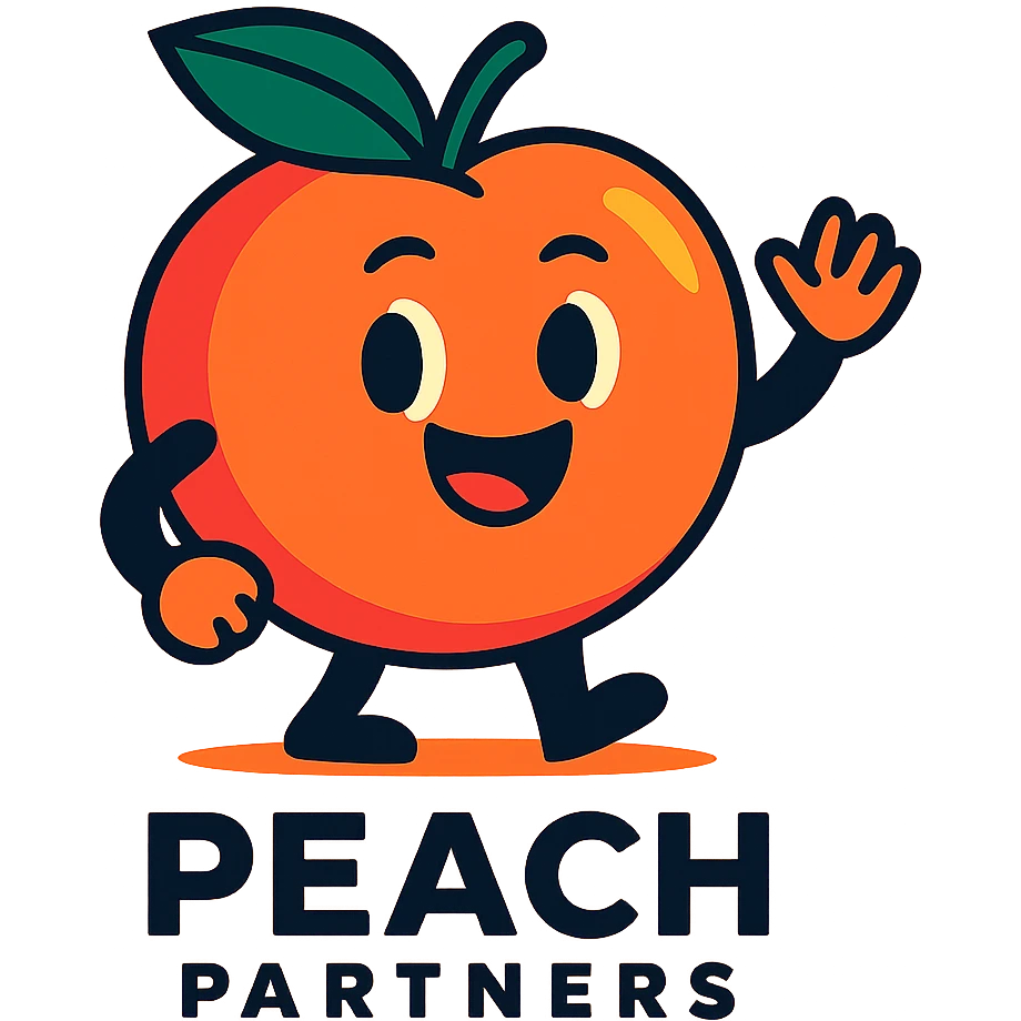 friendly peach mascot for 'Peach Partners' logo, vibrant colors, cheerful expression, peach with waving hand emoji