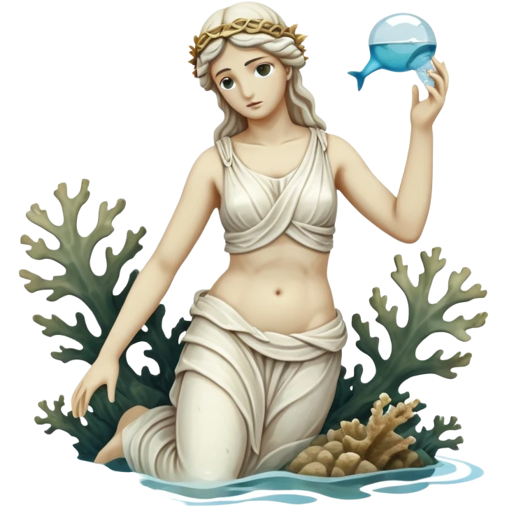 sunken white female greek statue, broken, include water and coral in the sea, sea weed,  emoji