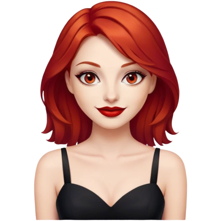 a woman with red hair and red eyes. The woman wear a black dress. She have red lipstick and she have a seductive look and smile emoji