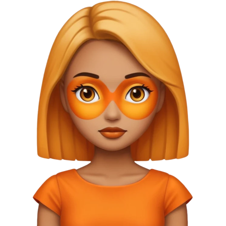 A girl tan skin face emoji with skin head styled, dramatic makeup and an orange dress. emoji
