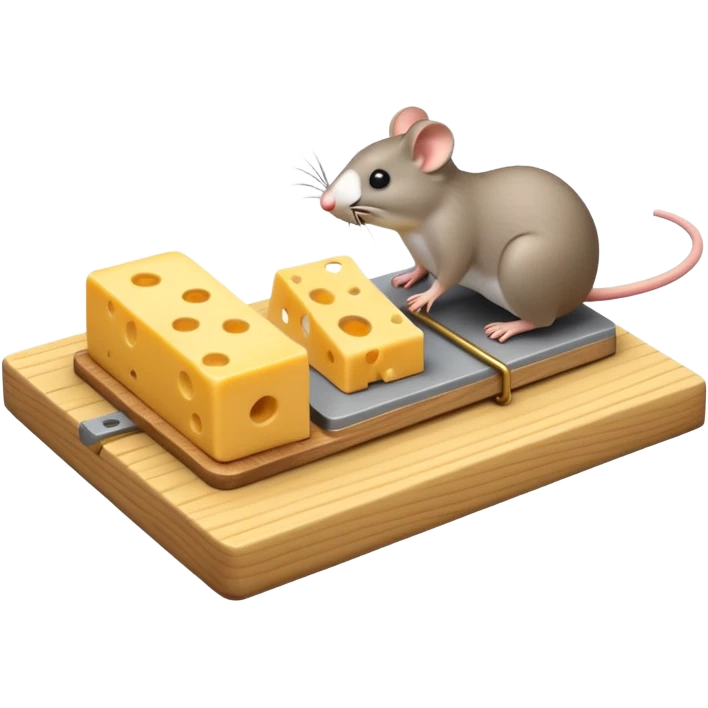 A 3D emoji in iOS emoji aesthetic style of a small mousetrap on a wooden base with a tiny gray mouse approaching a small piece of yellow cheese on it, minimal white background, bright lighting, clean and glossy Apple-style design emoji