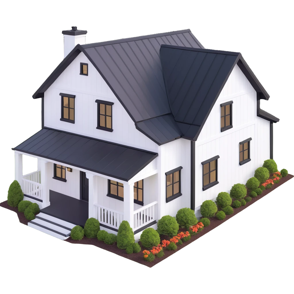 modern farmhouse with white siding, black roof and black trim, isometric exterior view emoji