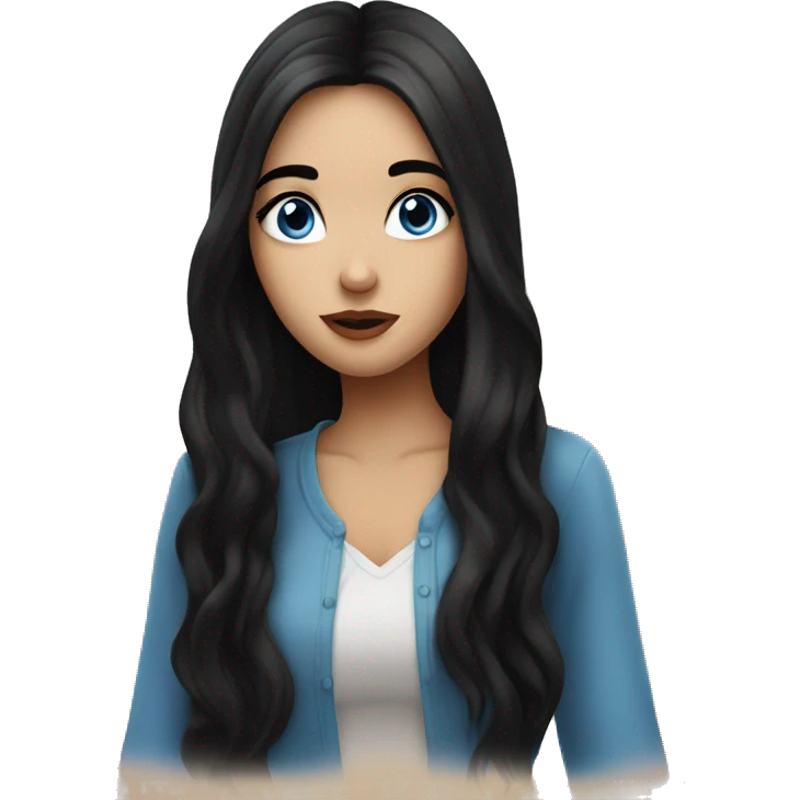 Beautiful girl with long black hair blowing kisses, blue eyes emoji