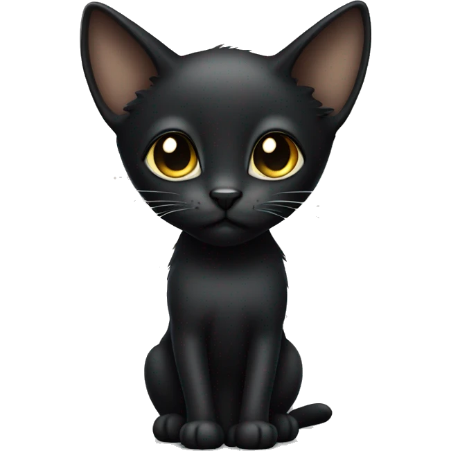 Petite black cat with sleek short fur, light yellow eyes, small pointed black ear tufts on top, facing forward, detailed features emoji