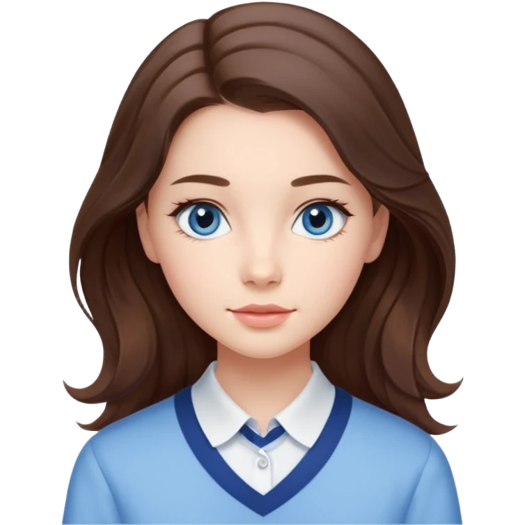 Realistic Student Portrait, with porcelain-like skin featuring a natural rosy flush, iHer Brunette Half-Up Style for Straight  hair flows in soft, Her deep blue eyes radiate warmth and innocence,  wear light blue preppy style. emoji