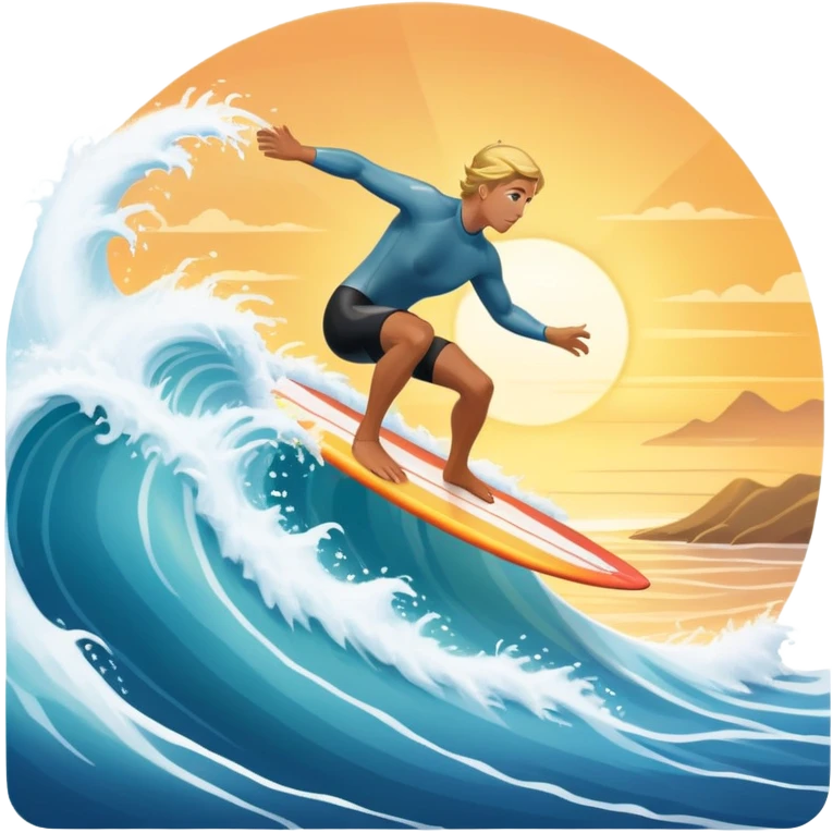 A surfer riding a large wave, skillfully balancing on their board as the ocean crashes around them. The scene captures the energy and excitement of surfing, with the sun setting in the background and the water sparkling under the light. emoji