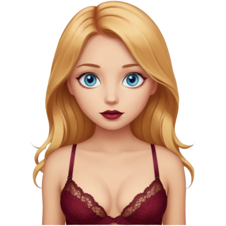 A beautiful blue-eyed girl with long golden-copper blonde hair, full lips, large eyes, wearing a burgundy lace bra emoji