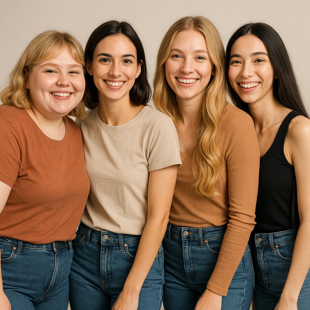 group portrait of four young female friends, 25 years old, waist up, diverse body types: chubby blonde with cheeks, slim brunette, normal weight blonde with long wavy hair, slim brunette with very long hair; casual clothing, neutral background, cheerful attitude emoji