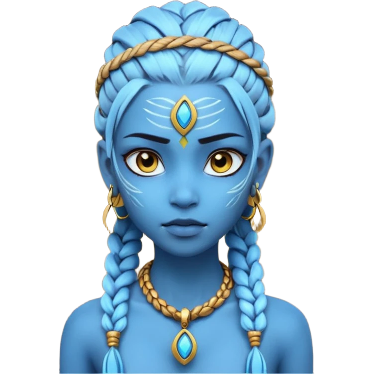 Create an icon of a Na’vi-inspired female character with glowing blue skin, braided hair, tribal forehead markings, large expressive eyes, gold earrings, and a rope necklace with a golden pendant. The expression should be calm and serious, matching the style of the movie Avatar emoji