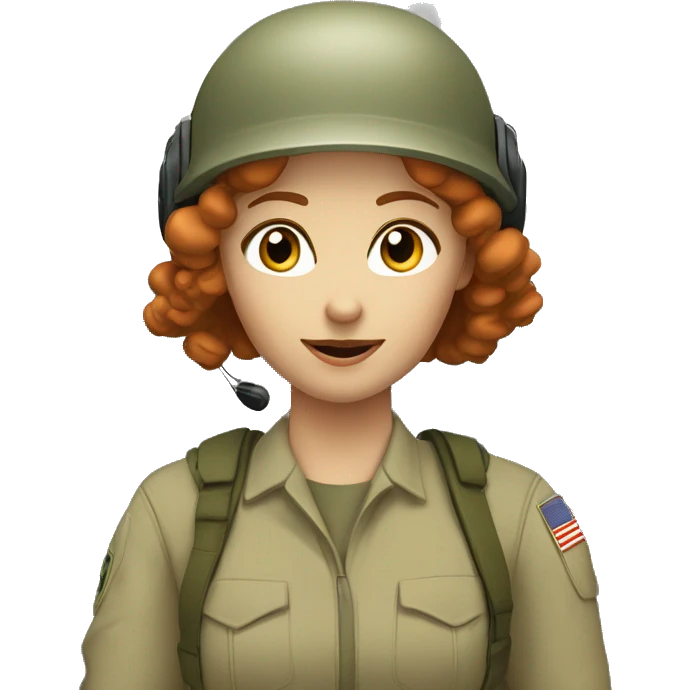 operator dressed in khaki color with a milatary helmet, without glasses, with headset, preferably curly redhead female emoji