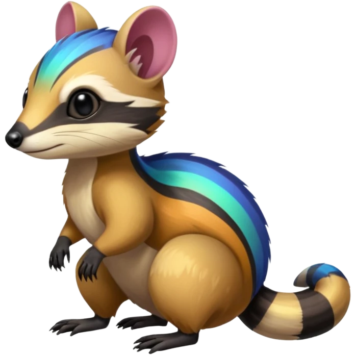 Colorful black and iridescent Cacomistle-Numbat-Ferret-hybrid-fusion-animal-creature, full body  emoji