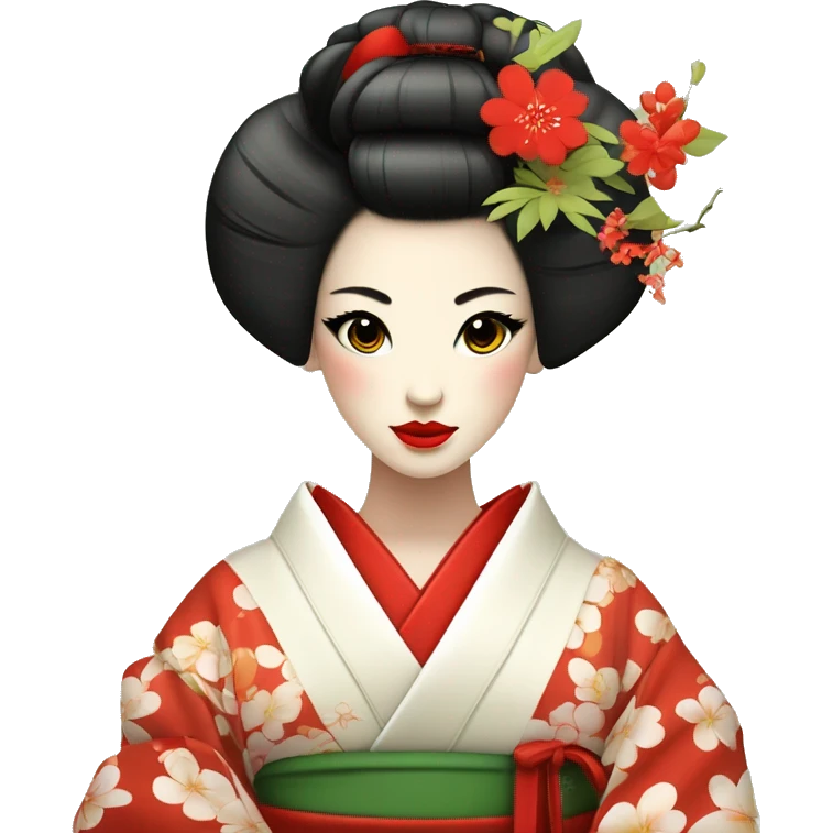 Geisha. kimono rojo. ojos verdes. Cabello castaño claro. ceremonia del té  emoji