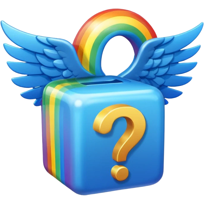 Blue cube with blue wings and has a rainbow question mark emoji
