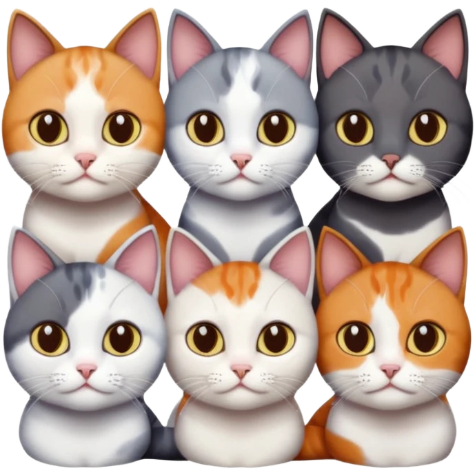 4 different coloured short haired cats including; a dark brown and white cat, and a dark grey and white, and a calico emoji