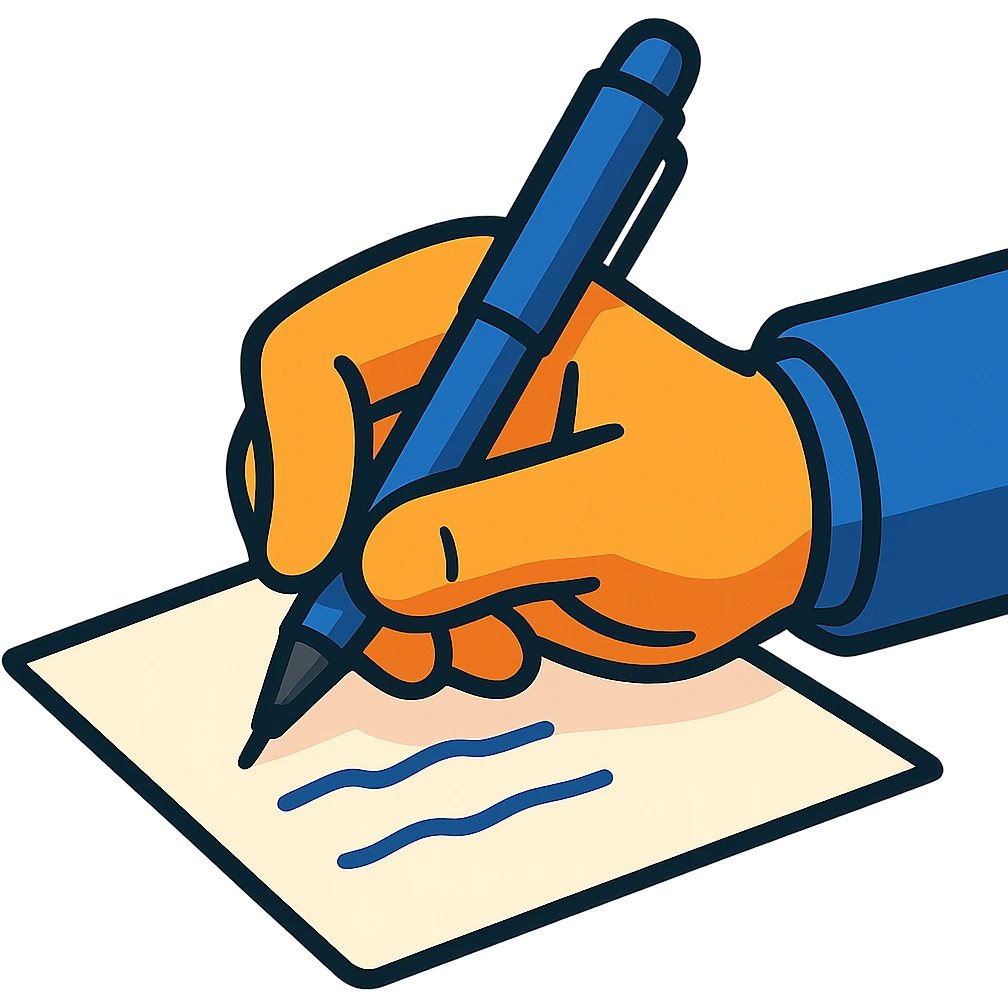 a hand holding a pen writing on paper, colorful cartoon style emoji