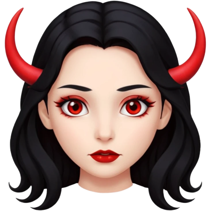 A girl's face with cheekbones, completely red skin, long black hair, small red horns, and red eyes. emoji