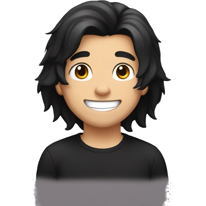 Boy with long black hair with black shirt and white teeth emoji