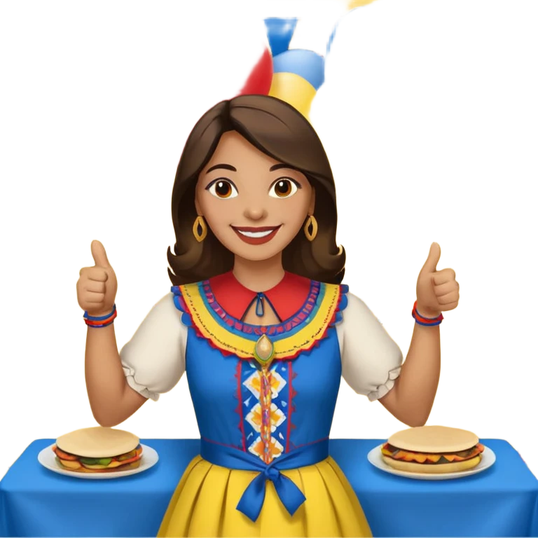 party table decorated with red blue and yellow colors, including backdrops, balloons, streamers and more, on the table are intricate displays of colombian arepas, and in the forefront a woman in traditional colombian dress with a smile and big thumbs up emoji