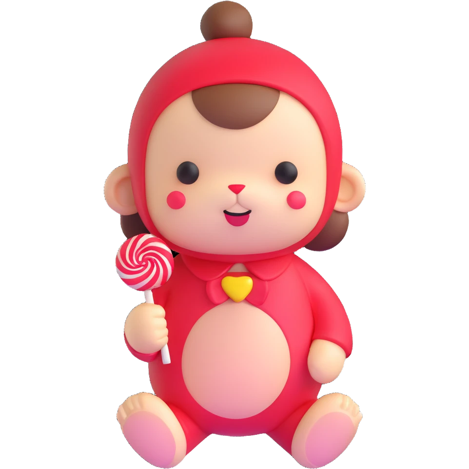 cute Monchichi plush toy with a lollipop emoji