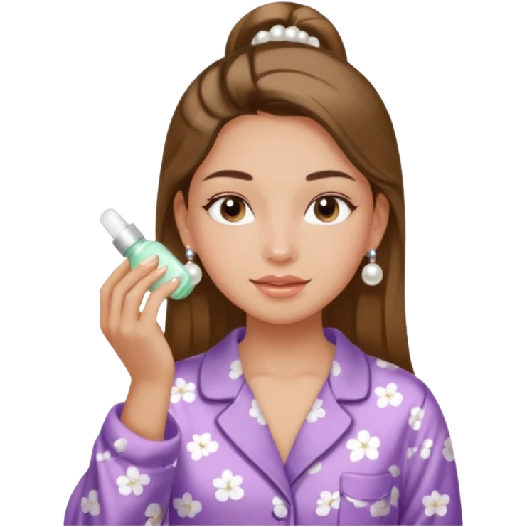 Clean girl aesthetic emoticons, apply skincare products, pearl earrings, glowing skin, pajamas, soft lighting emoji