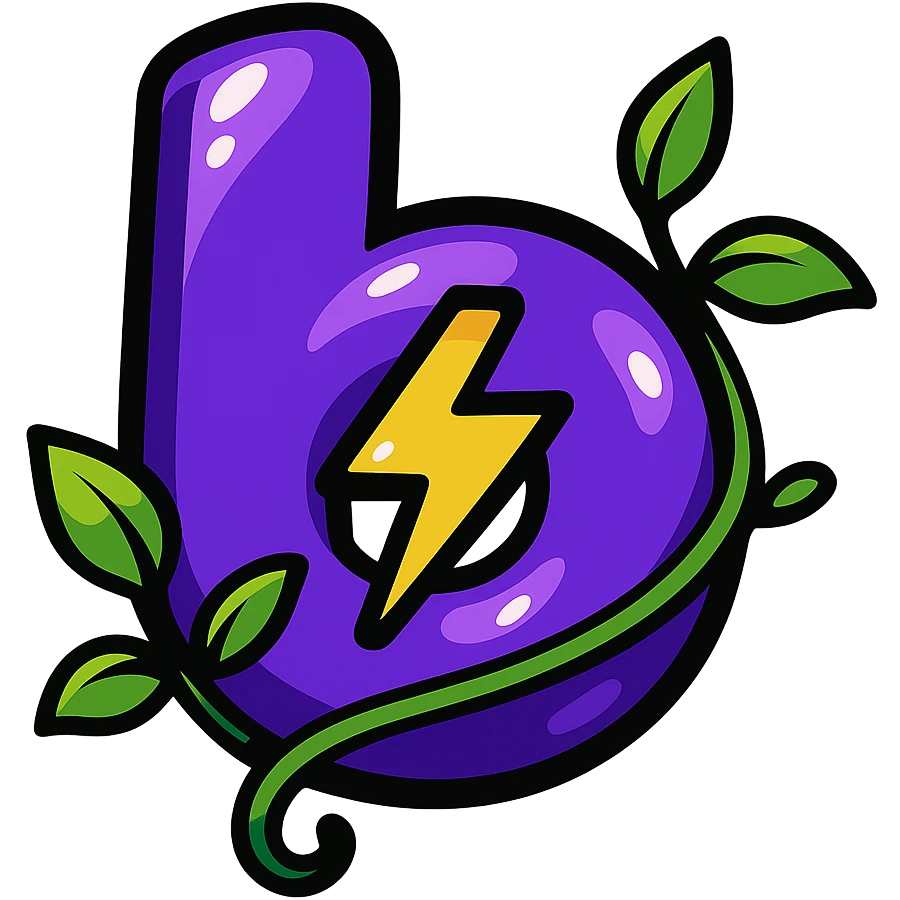 plump vibrant Boosty logo cartoon style purple 'b' with lightning bolt cutout bold outline expressive shadows glossy highlights no background leafy vine wrapping around logo emoji