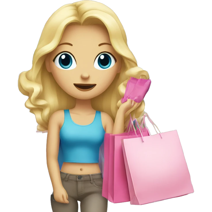 blonde girl with blue eyes surrounded by pink shopping bags emoji