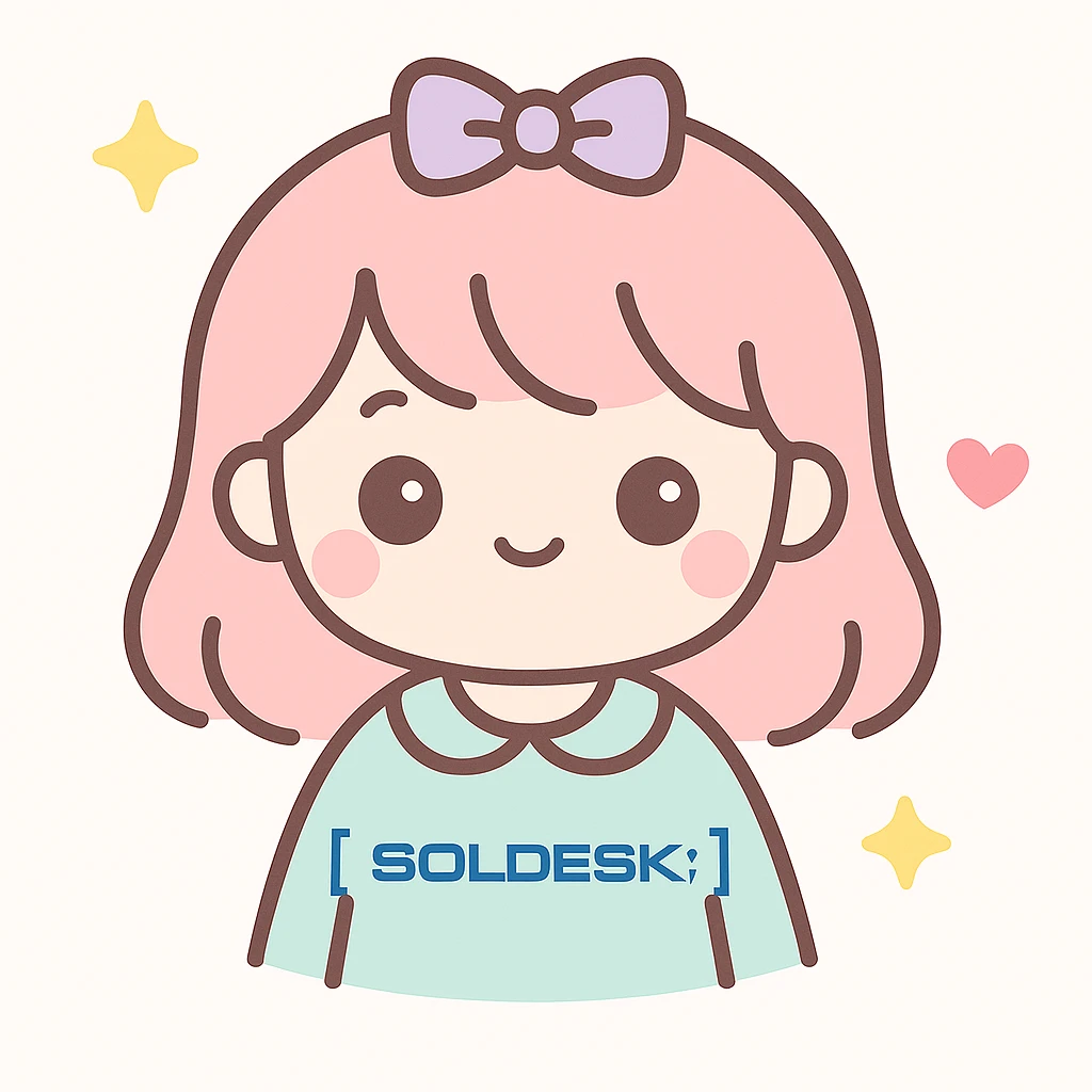 Add the SOLDESK logo to the character's shirt, keep the kawaii style, preserve the original background. emoji
