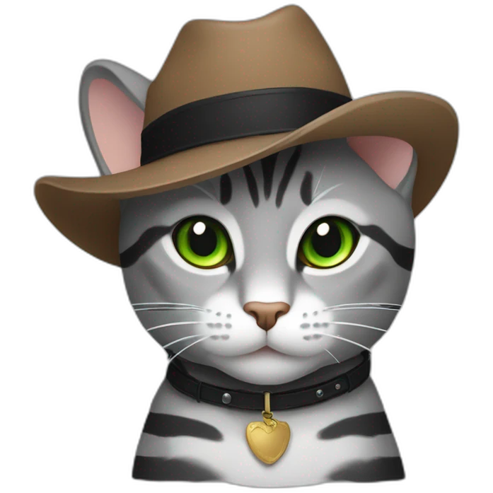 Gray cat with black stripes and brown cowboy hat and green eyes  emoji