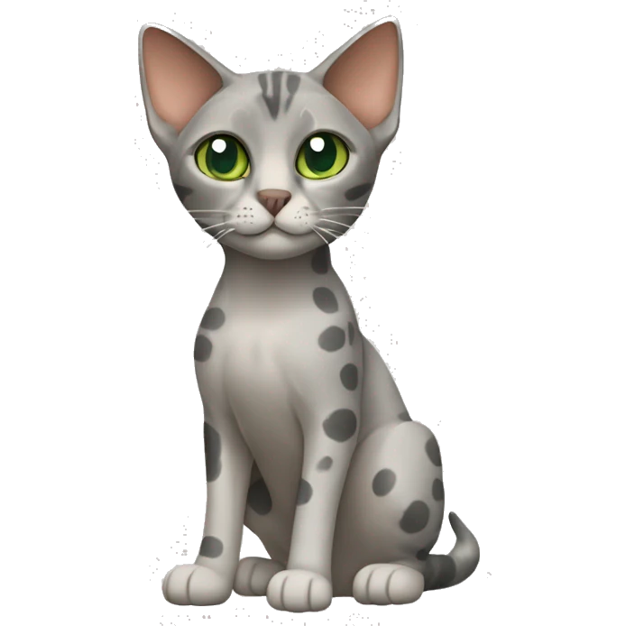 Short-haired oriental cat ,full body , grey coat with spots , green eyes , terracotta nuzzle emoji
