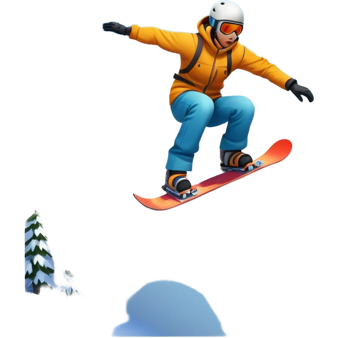 An icon showing a snowboarder performing an exciting jump on a snow-covered slope. The background features towering mountains, snow-covered trees, and a bright, clear sky. Transparent background highlights the speed, agility, and thrill of snowboarding. emoji