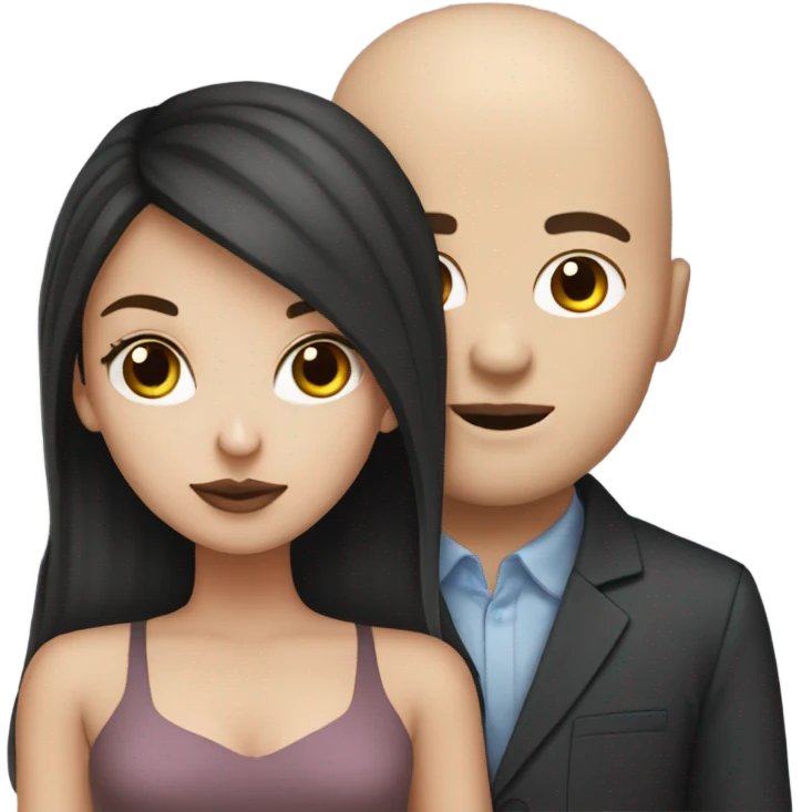 White girl dark hair kissing bald black man emoji