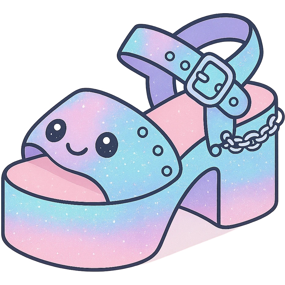 Add a holographic effect to the black-to-pastel pink gradient platform sandals with silver studs and chains, subtle glitter, kawaii style, no socks, no hearts, transparent background emoji