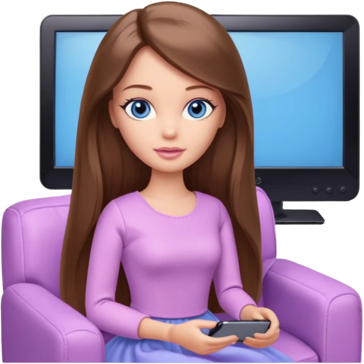 beautiful barbie girl with long brown hair, blue eyes and wearing light purple clothes watching tv shows emoji