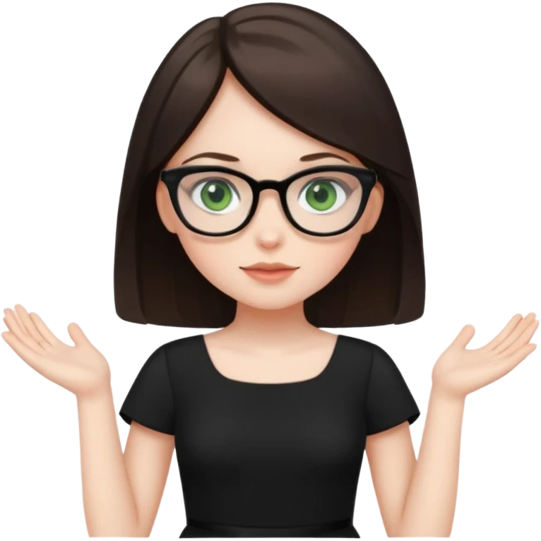 a cute white brunette girl with green eyes in a black dress wearing glasses  with two hands  emoji
